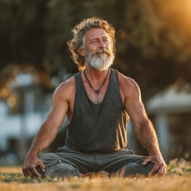 Чоловік середнього віку виконує йога вправи на килимку